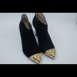 ZARA Black Suede Ankle Boots Stud Spikes Gold Toe